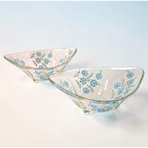 2 Anchor Hocking Swedish Modern Blue Cornflower Glass Serving Bowls Pair MCM